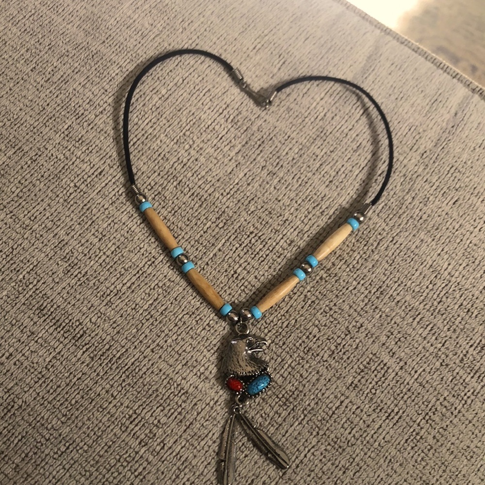 Eagle Head Necklace with feathers and turquoise stones
